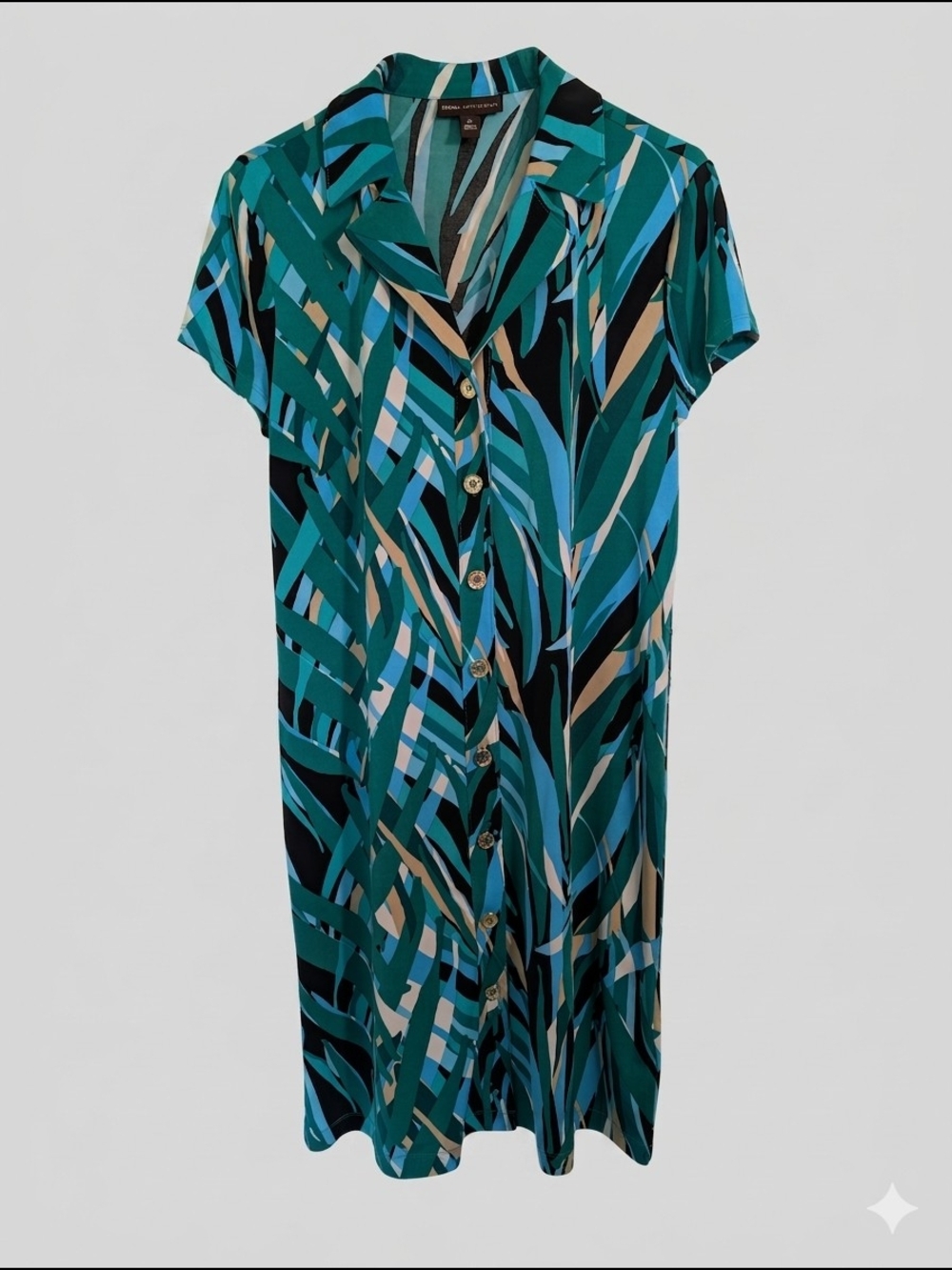 Dana Buchman Palm Print Button Front Dress Medium Teal Green Tropical